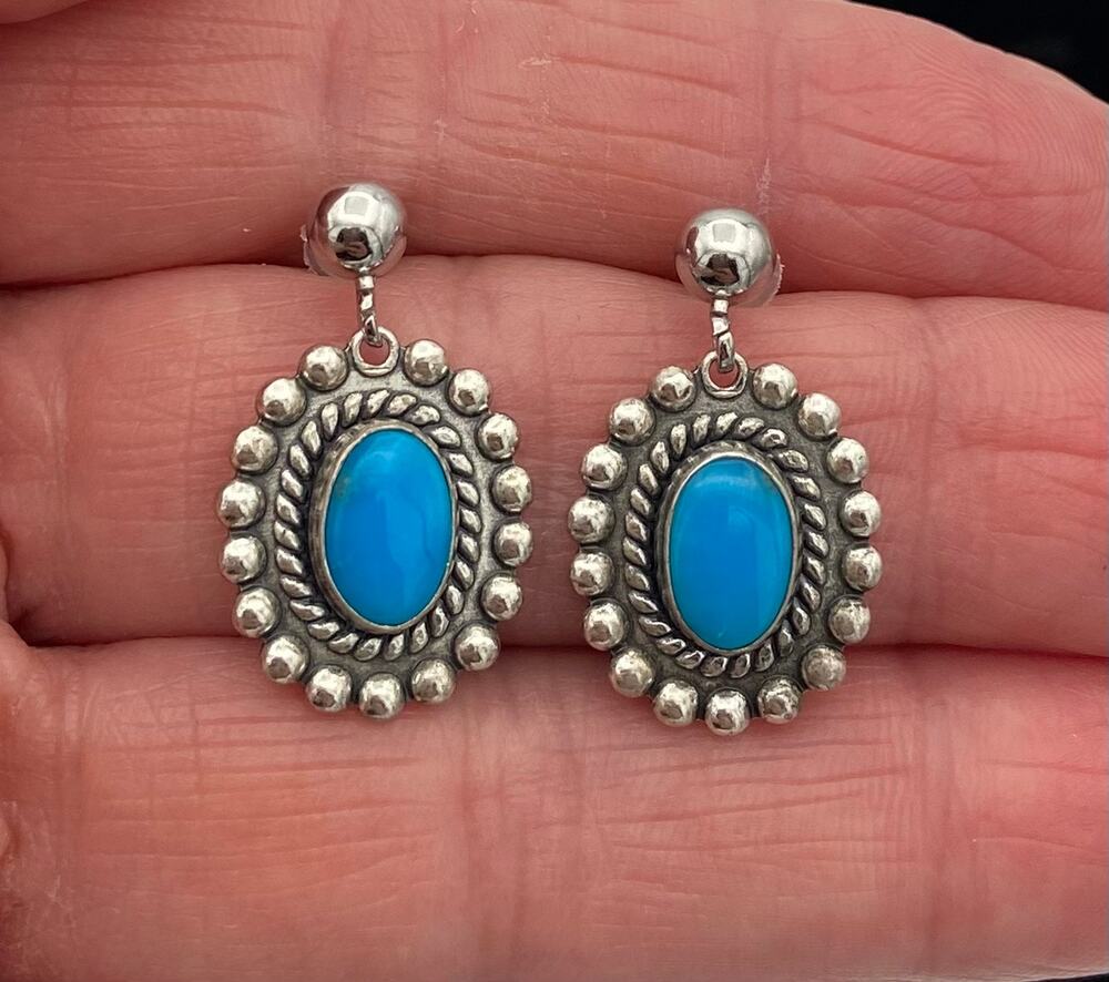 Sterling Silver Turquoise Drop Earrings Southwestern Oval Pierced Post 5.56g